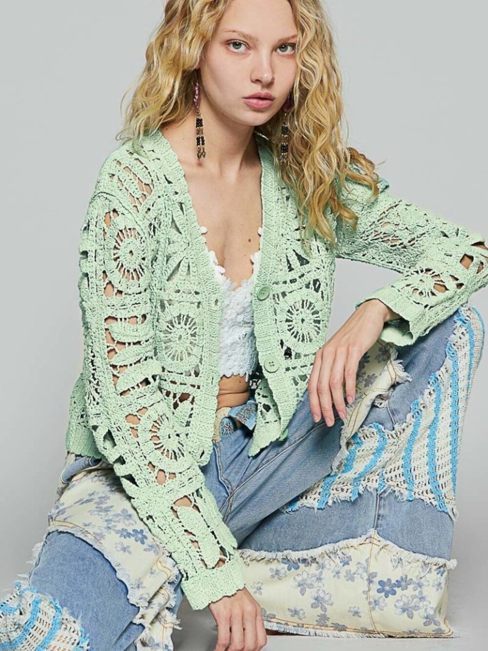 POL Crochet Vneck Button-front Cardigan One Size Mint Green NWT
